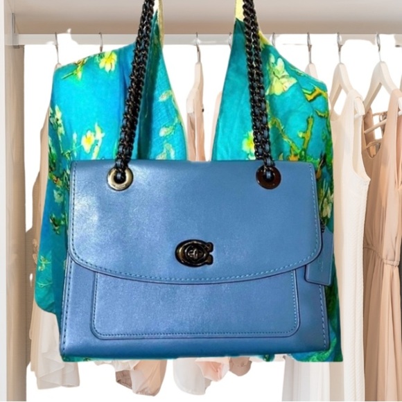 Coach Women’s Leather Parker Chain Flap Shoulder Bag, Blue - Picture 1 of 15